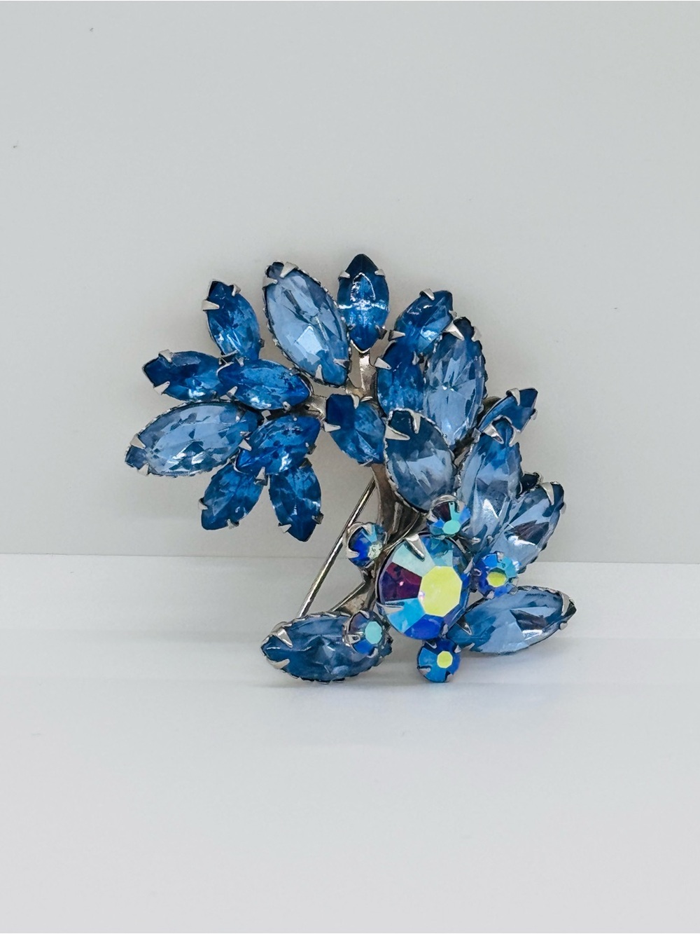 Vintage Blue Rhinestone Brooch Pin AB Statement Snowflake Floral Mid-Century